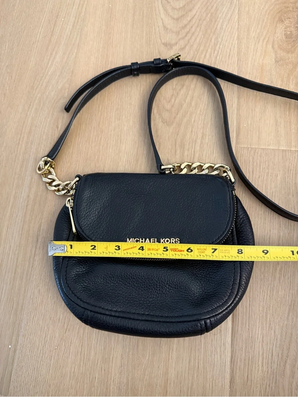 Michael Kors Black Leather Saddle Bag Crossbody Purse Gold Chain Accent Flap